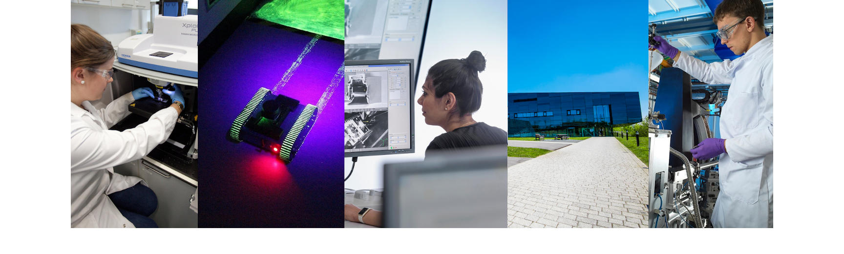 Left to right: Raman microspectroscopy; tracked crawler robot in a simulated ‘hot’ nuclear environment; radioactive sample preparation using FIB; image of Dalton Cumbrian Facility; loading a sample containing uranium onto Diamond’s I20-scanning beamline